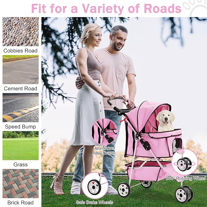 BLKMTY Folding Dog Stroller, 3 Wheels Pet Stroller, Foldable Cat Strollers Waterproof Travel Carrier Strolling Cart for Puppy Jogger with Cup Holder & Storage Basket, Pink