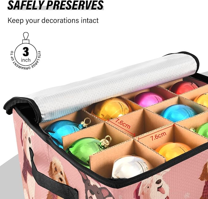 OTVEE Christmas Ornament Storage Box Holiday Decoration Organizer Stores upto 64 Holiday Ornaments Adjustable Dividers Tear-Proof Fabric Festive Pet Pattern