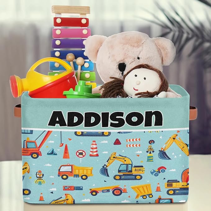 Custom Storage Basket, Personalized Name Rectangle Organizer Bin for Pet/Children Toys, Books, Clothes, Perfect for Rooms/Playroom, Cartoon Construction Site Cranes Excavator