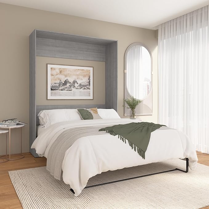Bestar Queen Murphy Bed, Platinum Gray, Claremont | Dual piston mechanism; for guest room or multipurpose space