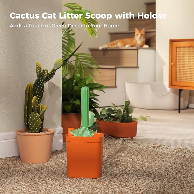 MUTTROS Cactus Cat Litter Scoop with Holder, Green | 3 Rolls; Wheat straw plastic; ABS handle