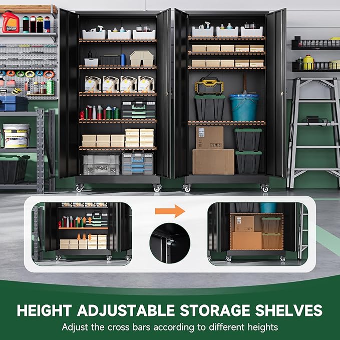 Metal Garage Storage Cabinets with Wheels,Steel Tool Cabinets Lock Door and Adjustable Shelves for Home,Office,Warehouse Organisieren (Black, 75" H) (Pack of 2)