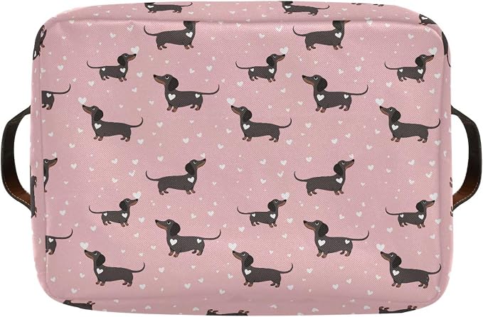 Pink Love Dachshund Dog Storage Basket Fabric Kitchen Baskets Cute Puppy Open Home Storage Bins Boxes Foldable Organizer Bag for Baby Cloth Pet Toy Book Shelf Closet Baskets 16×12×8 Inches 2 Pack