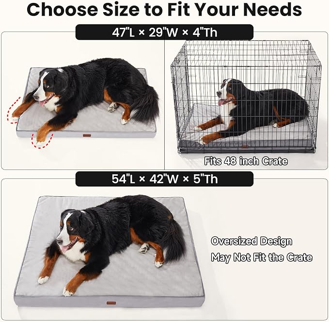OhGeni Orthopedic Waterproof Large Dog Bed, Memory Foam, 54 inch(Gray) | Machine-Washable Removable Cover in Easy-Clean Fabric, Reversible Memory Foam & Easy-Carry Handle, Wider and Larger