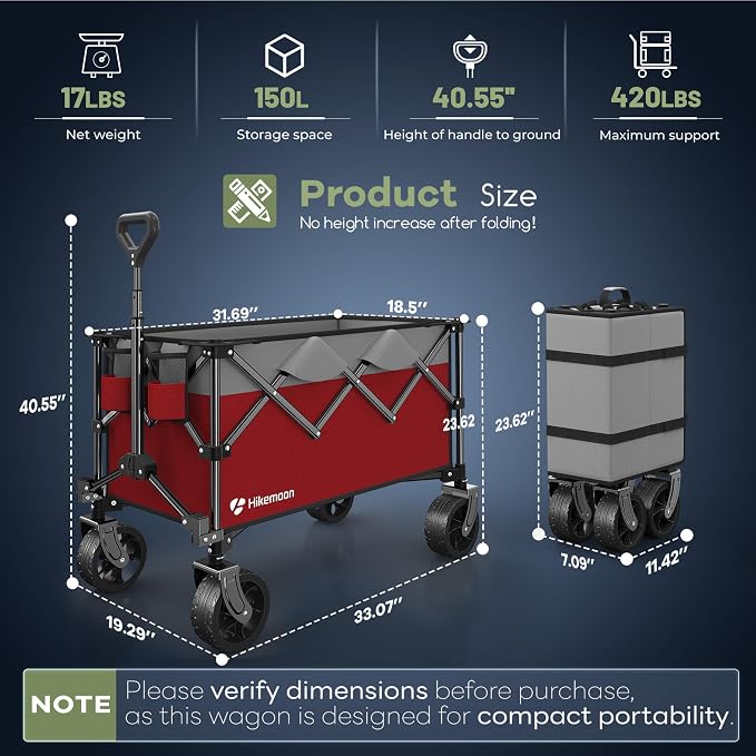 HIKEMOON 150L Collapsible Wagon Compact, Big Wheels, 420LBS Red & Grey | Wagons Carts Foldable, Heavy Duty, Portable, All-Terrain, Utility Folding Cart for Shopping/Beach/Garden/Camping/Sports