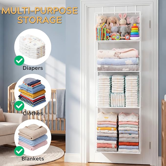 Over the Door Stuffed Animal Storage with Clear Dust Cover | 4 Tier Extra Large Hanging Toy Organizer for Plush Toys, Nursery Bedroom and Kids Room Storage