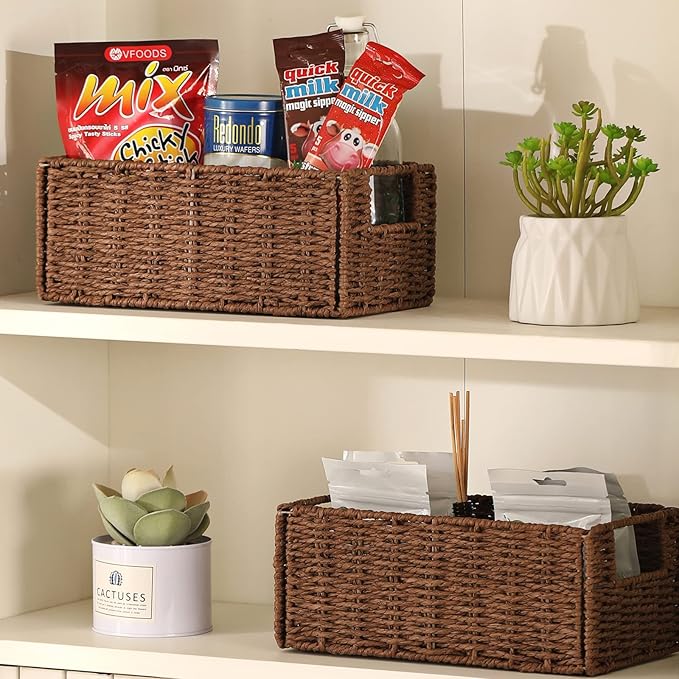 Vagusicc Wicker Storage Basket, Set of 2 Hand-Woven Paper Rope Wicker Basket, Small Storage Baskets for Organizing Toilet Paper, Foldable Large Cube Storage Organizer Bins for Shelves (Brown)