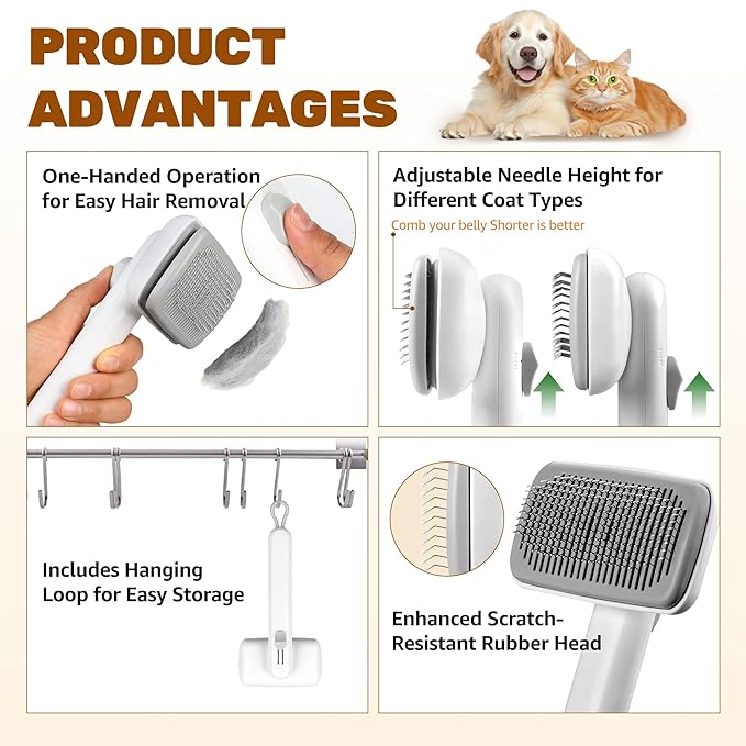 Self Cleaning Slicker Brush for Dogs Cats, One Click Hair Removal, Deshedding Brush for Long Short Haired Pets, Reduce Shedding & Remove Mats - White