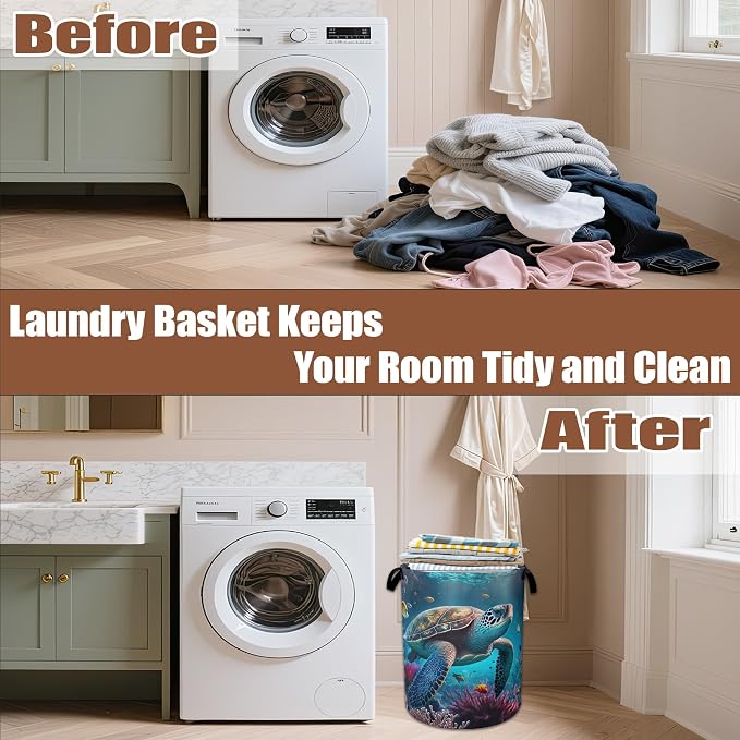 Sea Turtle Ocean Laundry Basket,Laundry Hamper Waterproof Oxford Cloth Tote Bag,Clothes Storage Bucket Decorative Toy Organizer for Bathroom Bedroom 16" x 20.8"