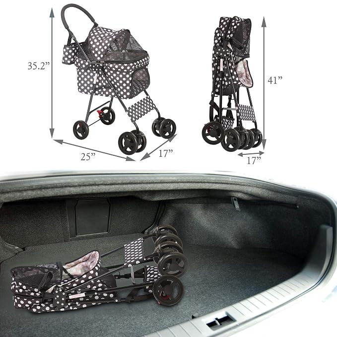 Folding Dog Stroller Travel Cage Stroller for Pet Cat Kitten Puppy Carriages - Large 4 Wheels Elite Jogger - Single or Multiple Pets (Black - 1 cage)