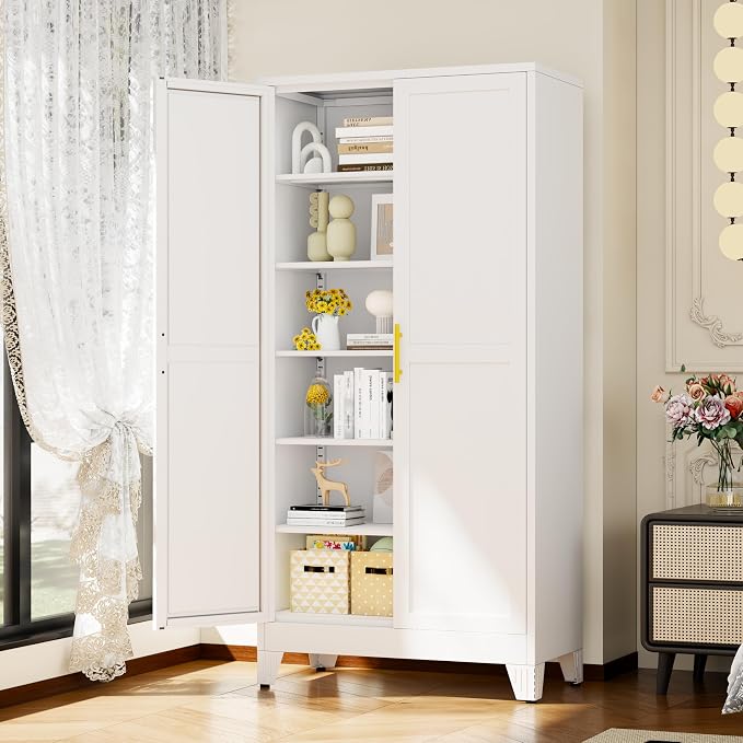 White Metal Storage Cabinet,75" Steel Cabinets for Home Office | Kitchen Pantry Storage Cabinet with Doors and 5 Adjustable Shelves, Tool Cabinets, for Office, Home, Garage, School, 36" W