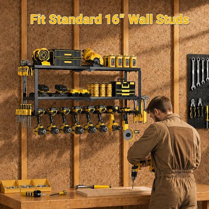 Extra Tall Power Tool Organizer Wall Mount,3 Layer,8 Drill Holder,Black | Loads 300 LBS,Heavy Duty Metal Extra Tall Tool Rack,For Battery Storage,Cordless Utility Tool Shelf for Garage, Workshop