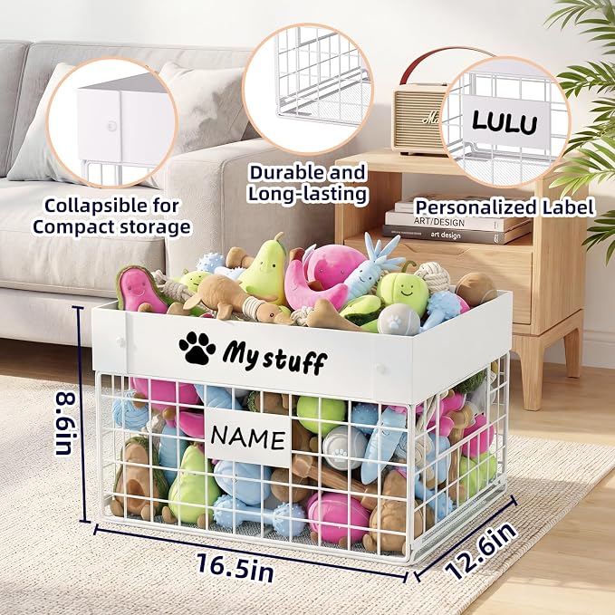 Kaiferty Indestructible Large Dog Toy basket, Chew-Proof Medium Toy Bin for Dogs, Pet Toy Bin Dog Metal Basket for Toys, Puppy Toy Storage Organizer Blankets, Toy Box for Living Room Area (White)