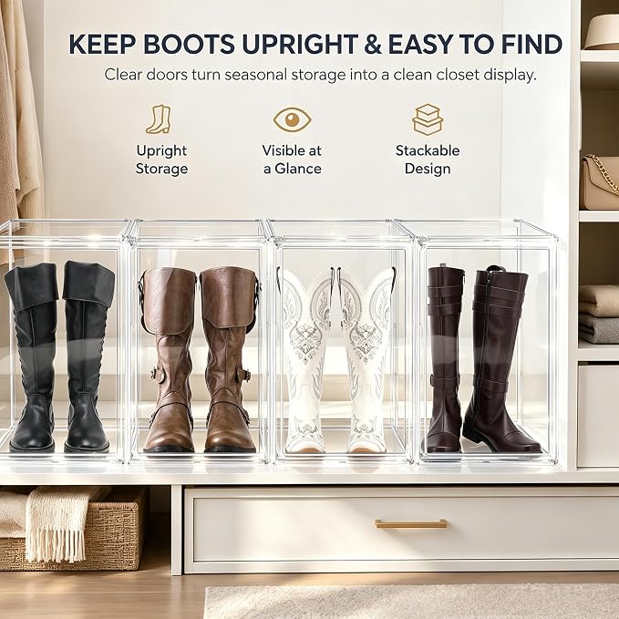 23.6'' Tall Boot & Shoe Boxes, Clear Dustproof Acrylic Display Case | 13.8'' x 12.2'' x 23.6'' tall display case for boots, upright handbags, dolls, figures and display storage,1 Pack