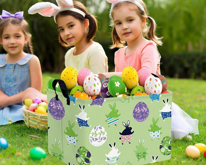 Large Rectangular Easter Baskets Empty Waterproof Boy Toy Box Foldable Kid's Gifts Storage Bin Spring Room Decor(Green Dancing Rabbit Egg)