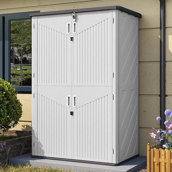 Aoxun Outdoor Storage Shed, 64 Cu.Ft Vertical Resin Sheds, White | Storage Sheds with Floor, Outdoor Waterproof Storage Cabinet for Garage Storage, Pool Storage, Bike Shed, Garden Shed