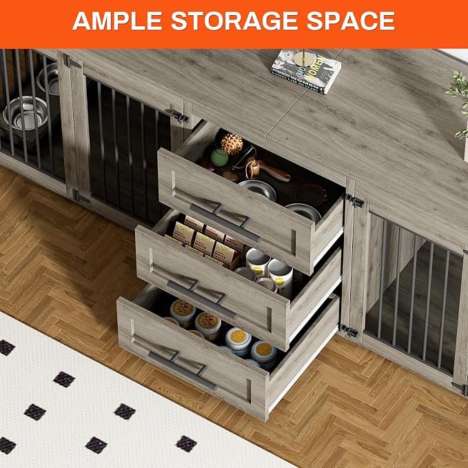 Rophefx 94.5" Dog Crate Furniture for 2 Dogs, Wooden Kennel TV Stand,Grey | Indoor double dog house with 3 storage drawers, 4 feeding bowls, lockable doors, and a wide top for large and medium dogs