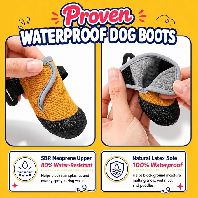 4Pcs Stay-on Dog Booties, Dog Shoes with Soft Upper & Flexible Sole | Waterproof Dog Booties for Hot Pavement, Hiking, Running, and Walking, Snow Shoes for Small, Medium, and Large Dogs, Yellow