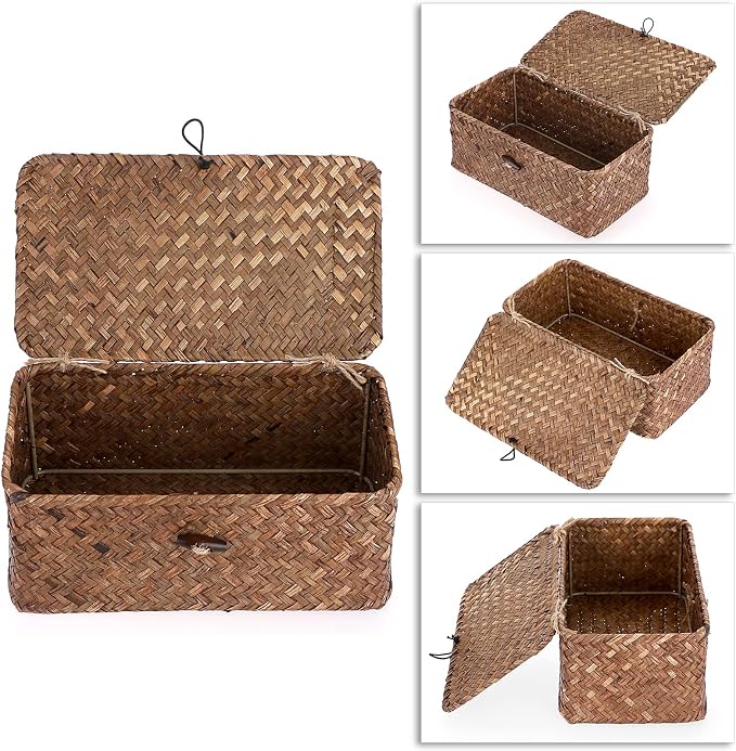 Hipiwe Wicker Shelf Baskets Bin with Lid, Handwoven Seagrass Storage Boxes | Rectangular Household Basket Boxes for Shelf Wardrobe Home Organizer, Coffee X-Small