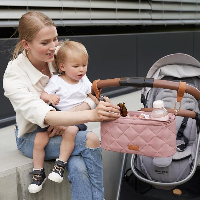 Beautiful Stroller Caddy Organizer With 2 Cup Holders - Zipper Pocket Bag | Luxury Stroller Bag with Universal Fit and Leather Straps - Spacious Accessories Perfectly Fits Doona, Nuna and Uppababy
