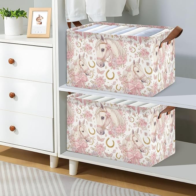 Girly Pink Bow and Floral Horse Storage Basket Foldable Cube Storage Bins with Handles&Labels Waterproof Collapsible Organizer Box Bin Large Rectangle Baskets for Shelves Home Living Room Closet