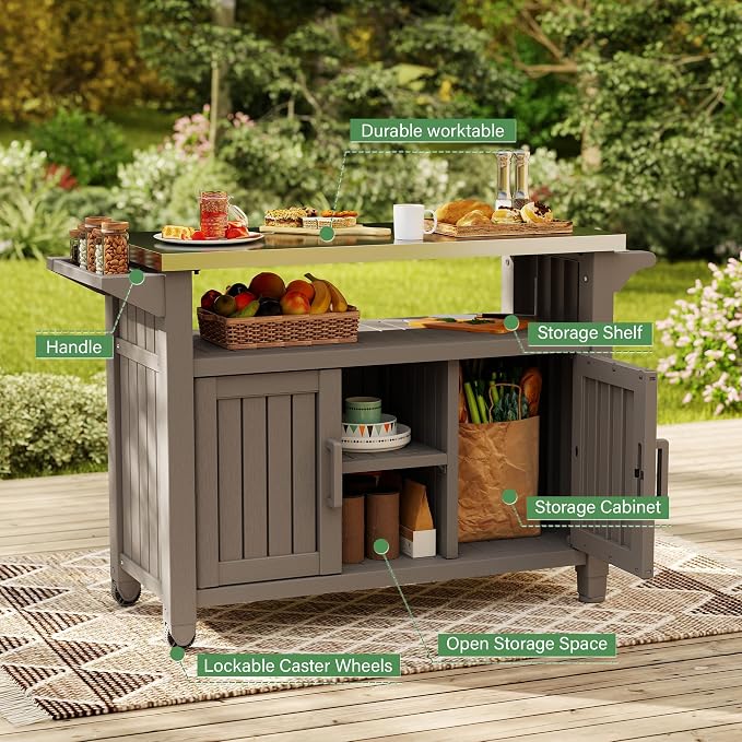 Bifanuo Outdoor Grill Table Grill Cart with Stainless Steel Top & Storage Cabinet for Food Prep and Storage, Portable and Durable with Wheels (Grey)