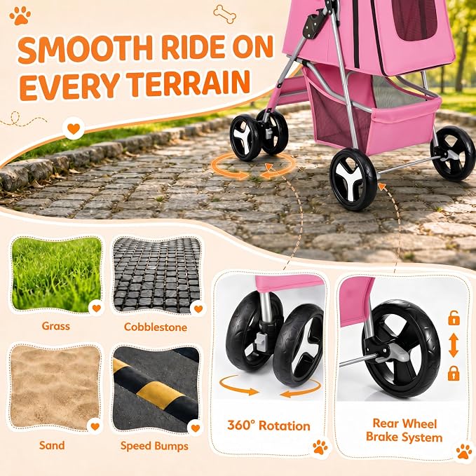 ZENY Foldable Pet Stroller, Cat/Dog Stroller with 4 Wheels | Pet Travel Carrier Strolling Cart with Storage Basket, Cup Holder (Pink)