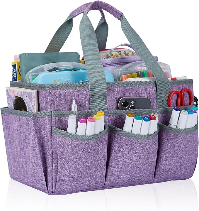 Craft Organizer Tote Bag, Art Storage Caddy with Multiple Pockets | Art Supplies Storage, Sewing Bag, Scrapbooking for School, Home and Office (Purple)