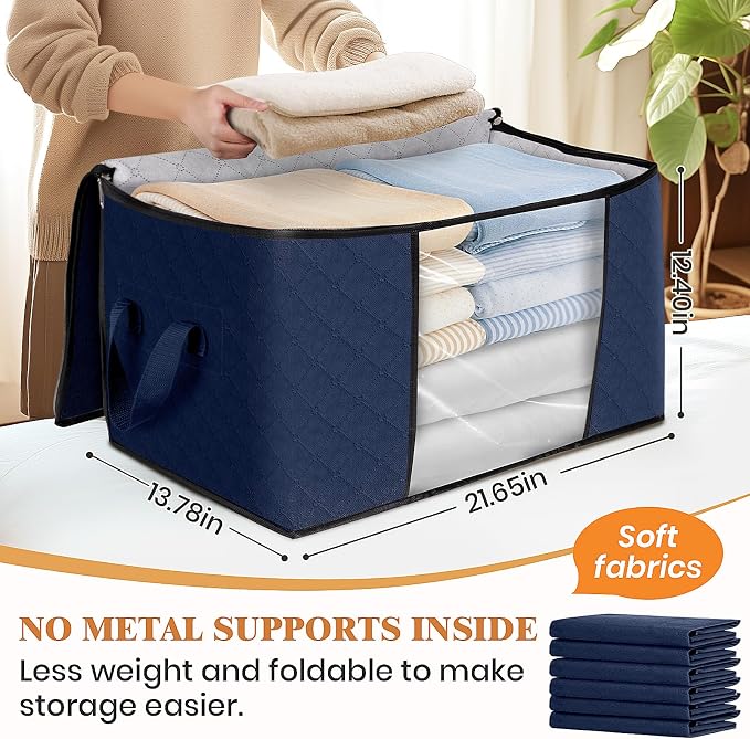 6 Pack Storage Bags for Clothes Blanket Storage Bins with Lids | Foldable Closet Organizers with Zippers,Window and Handles,Fabric Storage Bins for Sweater,Comforter,Bedding,Dorm essentials
