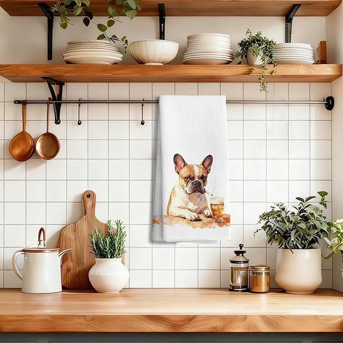 Funny French Bulldog Kitchen Towels Decorative, Frenchie Gifts Hand Tea Towels for Kitchen Bar Cart, Dog Lovers Gifts for Men Dish Towel Dishcloth, 16x24 Inch