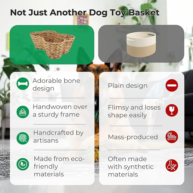 OtterPets Dog Toy Basket, Hyacinth Bone Shaped Dog Toy Bin, 17x13” | Handmade dog toy box, dog toy storage, dog basket, basket for dog toys, dog storage, 17 x 13 in, natural water hyacinth