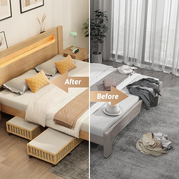 2 Pack Large Bamboo Under Bed Storage Containers with Wheels, Nature | Underbed Drawer Storage with Bag, Wood Rolling Underbed Organizer for Shoes, Sheets Clothes Blanket Comforter, Under Crib Toy