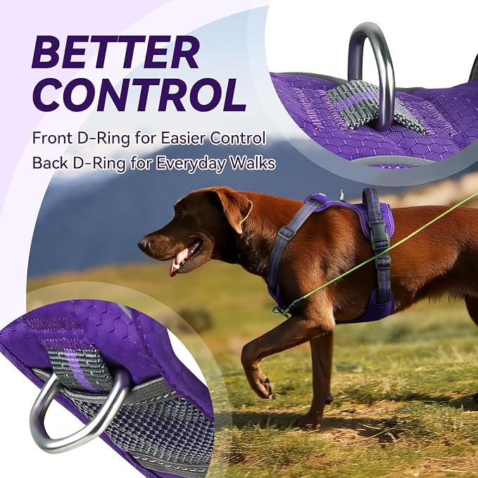 VIVAGLORY No Pull Dog Harness Vest Harness, L, Purple - Patterned | with Handle Front and Back Clip for Training & Pulling, No Pull & Escape Proof Padded Adjustable for Pet Puppy
