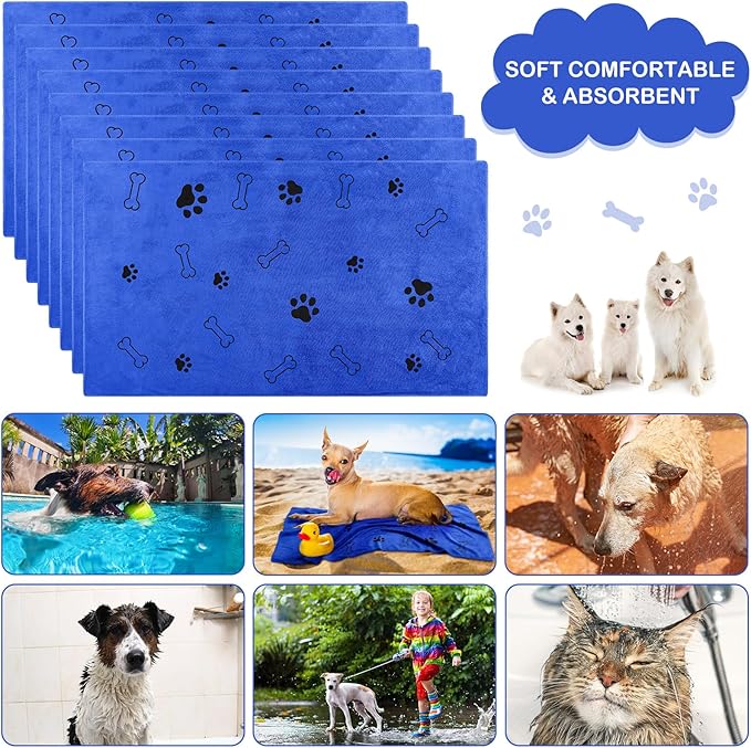 Chumia 8 Pcs Dog Towels for Drying Dogs Cats Pet Towels Bulk Puppy Microfiber Fast Drying Paw Bath Bathing Supplies Absorbent for Medium Pets(40 x 24 Inch,Dog Paw and Bone,Dark Blue)