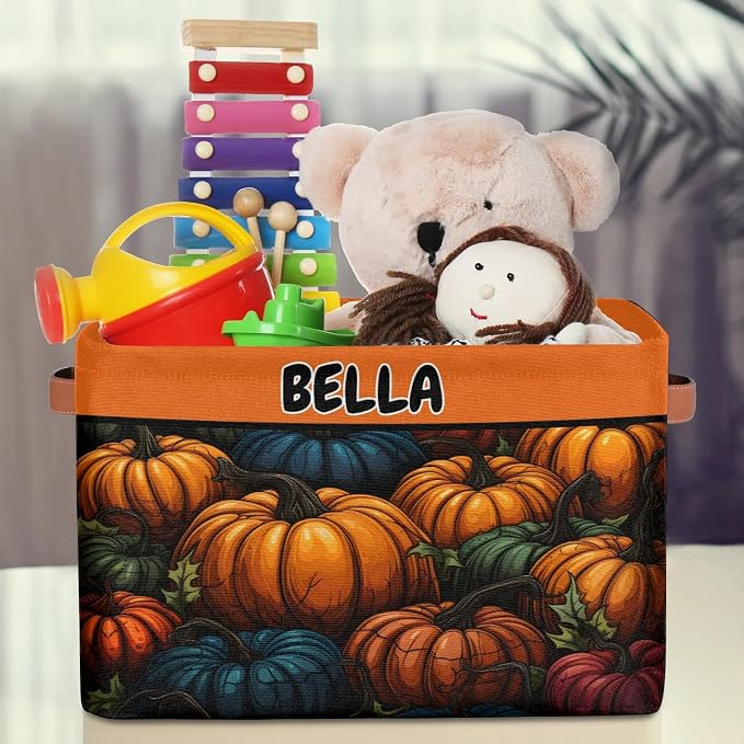 Personalized Foldable Spring Floral Storage Basket with Name for Boys, Laundry Hamper Dirty Clothes Pet Toys Storage Bin with Handles for Shelf Home Closet, Halloween Colorful Pumpkins