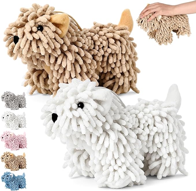 Tegeme 2 Pcs Chenille Dog Hand Towel Fuzzy Dog Towel Absorbent Microfiber Soft for Bathroom Kitchen Washstand (White Brown)