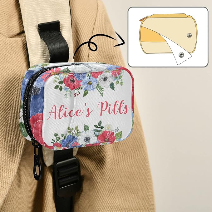 Custom Pill Box 7 Day Pill Case Bag Vintage Watercolor Flowers Personalized Name Travel Pill Organizer Bag with Zipper Portable Weekly Case Compact Size for Vitamin Supplement Holder