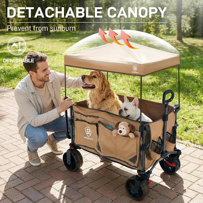 EVER ADVANCED Folding Push Wagon with Canopy, Shopping Cart with Brakes | Portable Collapsible Wagon Cart with All-Terrain Big Wheels for Camping, Beach, Sports