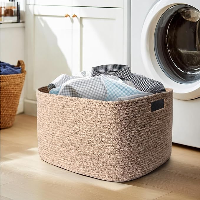 Large Storage Basket for Blankets, 75L Woven Blanket Storage for Living Room, Cotton Rope Baskets for Organizing, Kids Dog Toy Bin Box, Rectangle Pillow Holder Organizer, 22”x17”x12”
