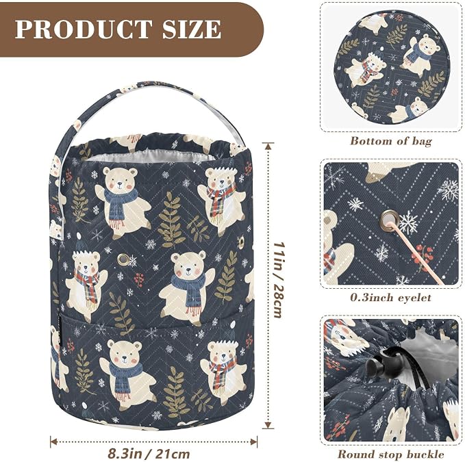 Fustylead Xmas Happy Bears Over Blue Plaid Checked Yarn Storage Bag and Knitting Crochet Tote, Large Yarn Drawstring Basket for Crocheting Kit, Project, Sewing Supplies, Needles