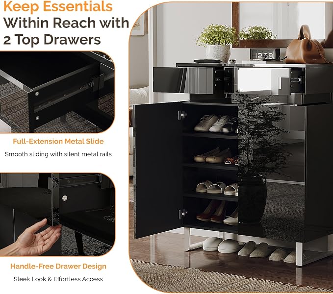 VINGLI Black Shoe Cabinet with LED Lights, Modern High Gloss Entryway Shoe Storage Organizer with Drawers & Adjustable Shelves, Freestanding Hidden Shoe Rack for Hallway, 30.7" W