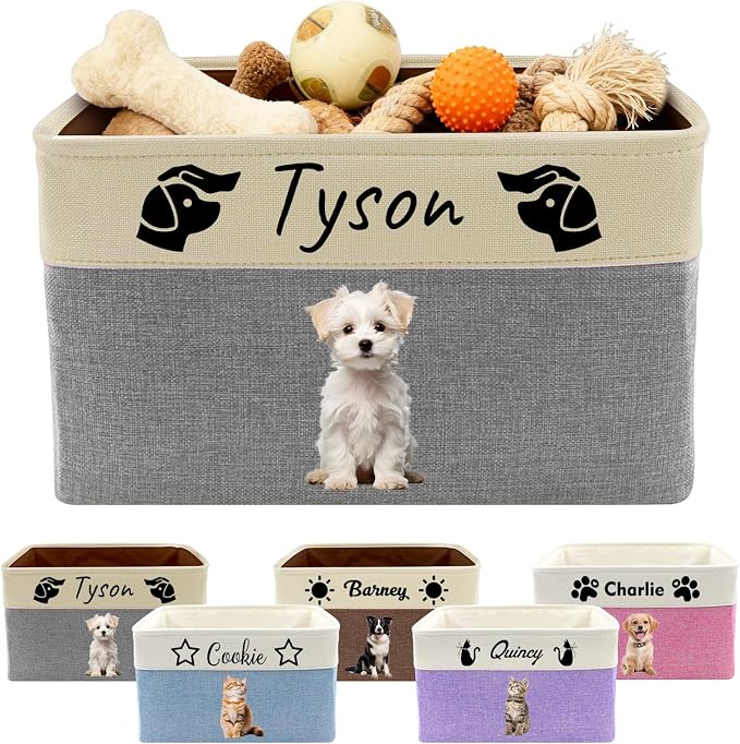 Personalized Dog Toy Basket with Name Photo Custom Dog Food Storage Bins Collapsible Organizer for Toys Dolls Clothing-Grey