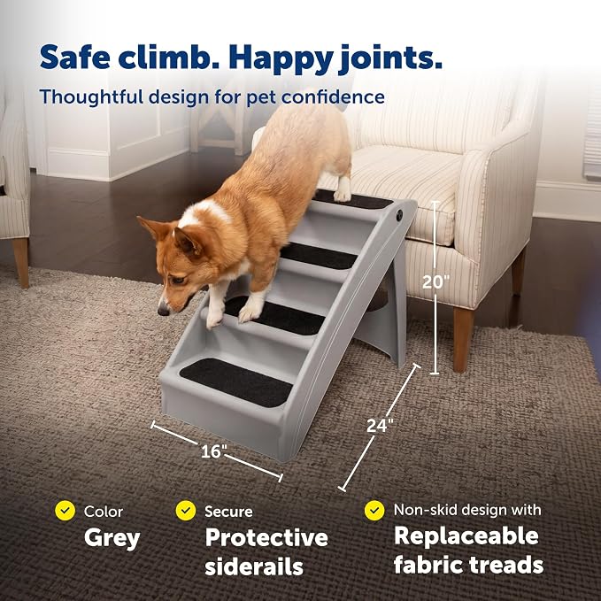 PetSafe CozyUp Folding Dog Stairs, 20 in Tall, Gray | Portable & Foldable 4-Step Stairs, Non-Skid Feet, Side Rails, Dog Steps for Bed, for Dogs up to 200 Lb