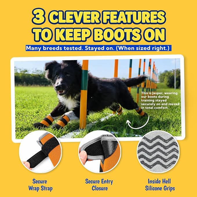4Pcs Stay-on Dog Booties, Dog Shoes with Soft Upper & Flexible Sole | Waterproof Dog Booties for Hot Pavement, Hiking, Running, and Walking, Snow Shoes for Small, Medium, and Large Dogs, Yellow