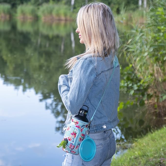 Made Easy Kit Water Bottle Carrier with Pocket for Dog Poop Waste Bags and Adjustable Padded Shoulder Strap (Large (32oz) with Bowl, Teal Floral)