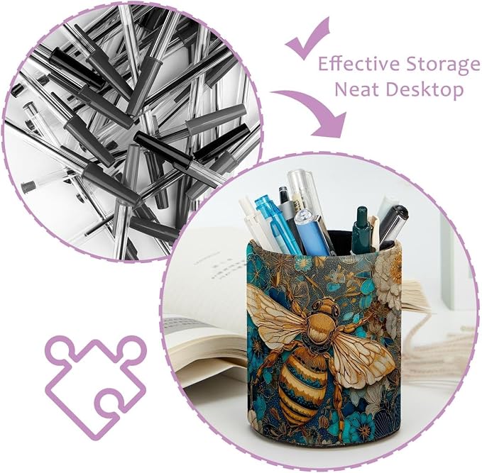 Faux Leather Pen Holder for Desk, Pencil Organizer Cute Bee Pen Cup Desk Decor Makeup Brush Holder Storage for Office Home