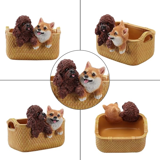 Catchall Bowl Poodle & Shiba Inu Statue - Decorative Entryway Key Holder & Candy Dish - Cute Double Dog Figurine Organizer for Desk & Room Decor - Pet Lover Housewarming Gift