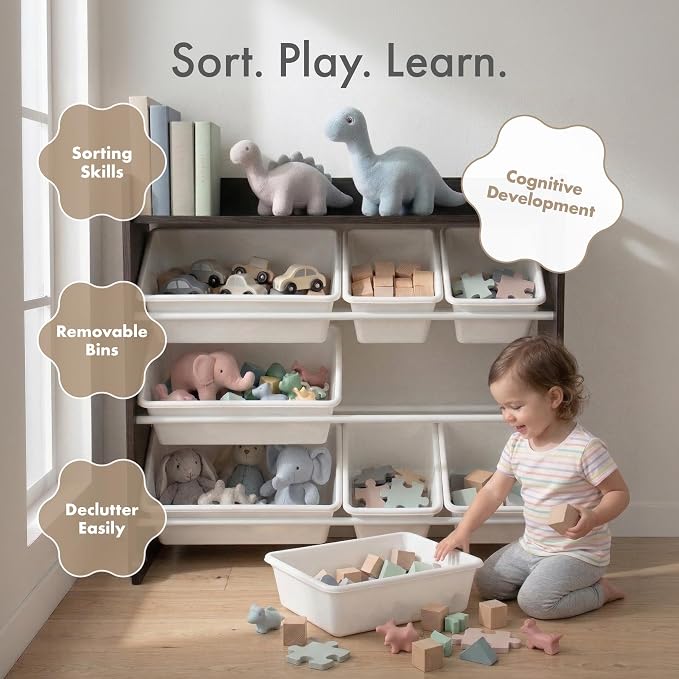 Humble Crew Kids Toy Organizer with Display Shelf, 9 Bins, 3 Tier Storage | Sturdy wood and steel toddler shelf, removable BPA-free containers, wall anchor anti-tip safety kit for bedroom or classroom