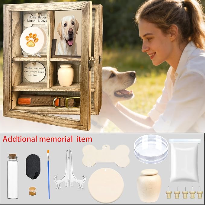Solid Wood 11x14 Pet Memorial Shadow Box Frame with Adjustable Shelves Paw Print Kit Pet Urn Ashes Display Case Brown Dog Memorial Gifts for Loss of Dog
