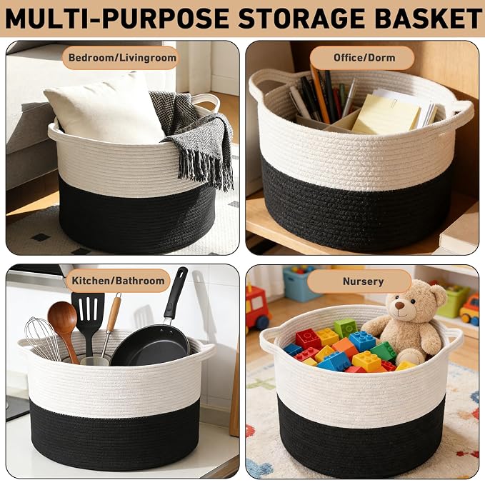90L Extra Large Blanket Basket,Woven Laundry Basket-White&Black | Collapsible, reinforced handles, nursery storage bin organizes clothes, toys and pillows for living room, bedroom bathroom